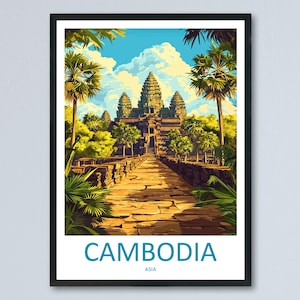 Cambodia Travel Poster Asia Wall Art Angkor Wat Temple Print Ancient Decor Cambodian Gift Souvenir Scene Southeast Asia Landmark Art