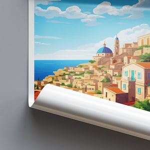 Puede incluir: Una ilustraci&oacute;n colorida de un pueblo costero con edificios blancos, c&uacute;pulas azules y un mar azul. El pueblo est&aacute; construido en un acantilado y hay &aacute;rboles y nubes en el cielo.