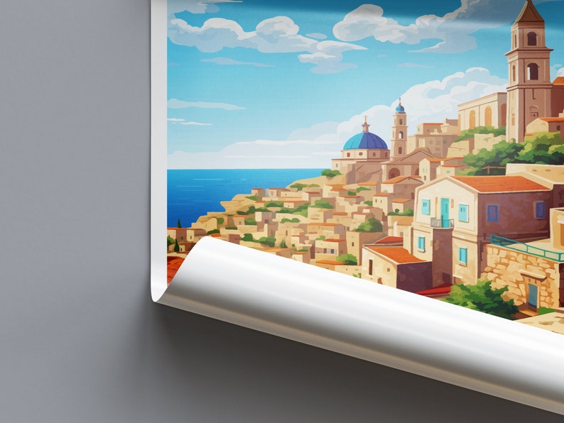 Puede incluir: Una ilustraci&oacute;n colorida de un pueblo costero con edificios blancos, c&uacute;pulas azules y un mar azul. El pueblo est&aacute; construido en un acantilado y hay &aacute;rboles y nubes en el cielo.