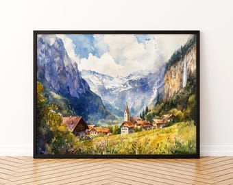 スイスの山と湖の油彩画　印象派　一点物 アンティークの山岳湖の油絵、スイスアルプスの風景、署名入り - Etsy 日本