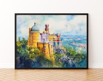 Poster acquerello Sintra, arte murale con paesaggio, arazzo da parete Sintra, arredamento per la casa, regalo Sintra, amanti dell'arte, arte murale in Portogallo