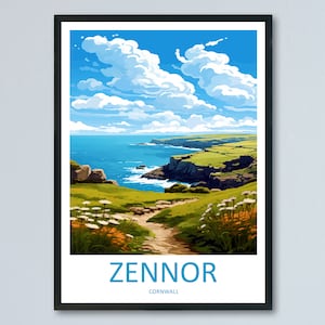 Stampa da parete Zennor Travel, decorazione da parete Zennor, decorazione per la casa, regalo Zennor per gli amanti dell&#39;arte, Inghilterra, regalo per gli amanti dell&#39;arte, souvenir da viaggio Zennor