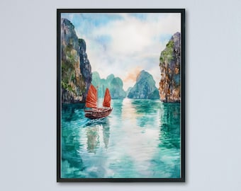 Póster de acuarela de la bahía de Ha Long, arte mural, colgante de pared de la bahía de Ha Long, decoración para el hogar, regalo de la bahía de Ha Long, arte mural de Vietnam para amantes del arte.