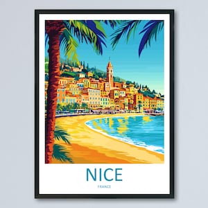 Bonito póster de viaje de Francia, arte mural, impresión de ciudad costera, vista del paseo marítimo, ilustración, decoración mediterránea, bonito regalo, escena de recuerdo.