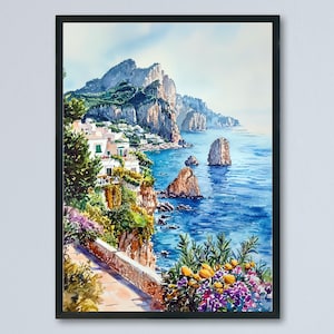 Capri Watercolor Poster Capri Travel Print Capri Wall Art Italy Island Painting Capri Souvenir Mediterranean Decor