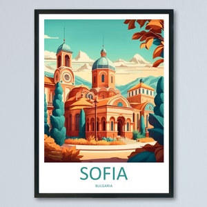 Puede incluir: Una ilustración colorida de una iglesia en Sofía, Bulgaria. La iglesia es de color naranja brillante con un techo verde y una cúpula azul. La ilustración está sobre un fondo de montañas y árboles.