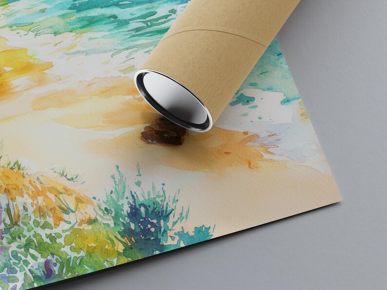 May include: A rolled-up art print featuring a watercolor painting of a beach scene. The artwork depicts a sandy shore, ocean waves, and colorful vegetation. The print is partially obscured by a brown cardboard tube with silver end caps.