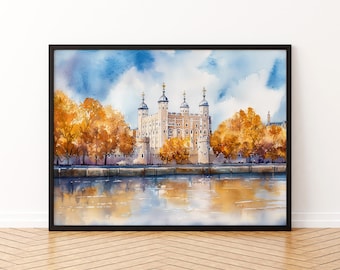 Póster de acuarela de la Torre de Londres, impresión de viaje a Londres, pintura de castillo histórico, monumento de la ciudad, arte mural, decoración del Reino Unido, recuerdo