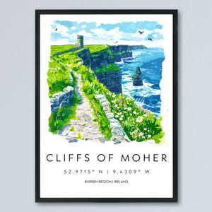 Póster de acuarela de los acantilados de Moher, impresión de viaje a Irlanda, arte mural de los acantilados de Moher, pintura de paisaje irlandés, decoración de recuerdo costero