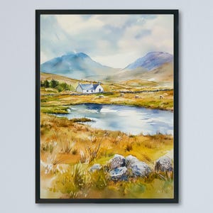 Plakat akwarelowy Connemara Wydruk podróżniczy Connemara Irlandia Sztuka ścienna Wystrój krajobrazu irlandzkiego Dziki Atlantyk Droga Góra Jezioro Wydruk