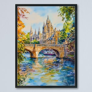 Cambridge Watercolor Poster Cambridge Travel Print England Wall Art Cambridge University Decor River Cam Cityscape Architecture Print