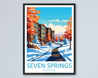 Könnte beinhalten: Eine farbenfrohe Illustration eines Bergresorts namens "Seven Springs Mountain Resort". Das Bild zeigt eine kurvenreiche Straße, die zu einer Reihe von Gebäuden führt, mit schneebedeckten Bäumen auf beiden Seiten.