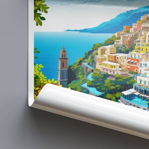 Puede incluir: Una ilustraci&oacute;n colorida de un pueblo costero con una torre alta y azul y un camino sinuoso que lleva al agua. El pueblo est&aacute; construido en una ladera con muchos edificios y casas coloridos.