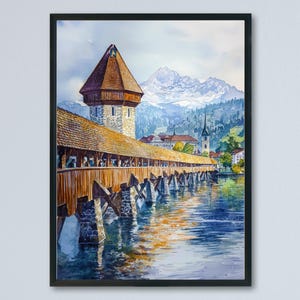 Affiche aquarelle de Lucerne, art mural, tenture murale de Lucerne, décoration d&#39;intérieur, cadeau de Lucerne, amateurs d&#39;art, art mural suisse