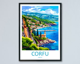 May include: A colourful illustration of a coastal town in Corfu, Greece. The town is built on a cliff overlooking the blue sea. There are white buildings with red roofs, green trees, and a small church with a bell tower. The text "CORFU" and "GREECE" is at the bottom of the image.