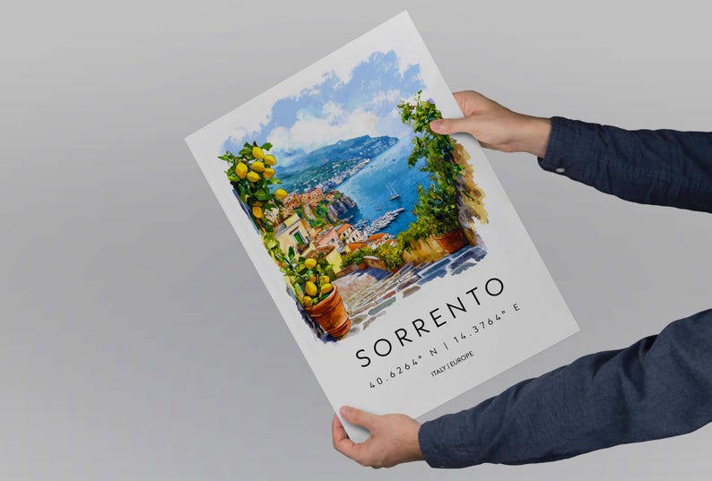 Póster de acuarela de Sorrento. Impresión de viaje de Sorrento. Arte mural de Sorrento. Pintura de paisaje urbano de Sorrento. Recuerdo de Sorrento. Decoración italiana. imagen 5