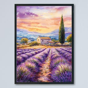Provence Watercolor Poster Provence Travel Print France Wall Art Provence Decor Lavender Field Landscape French Countryside Scene Print
