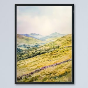Póster de acuarela de Brecon Beacons, impresión de viaje de Gales, arte mural del Parque Nacional del Reino Unido, decoración paisajística de Brecon, impresión de escena de montaña y campo.