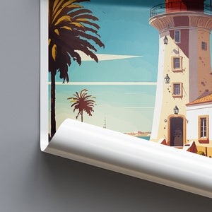 May include: A vintage travel poster featuring a white lighthouse with a red roof and a brown door. Palm trees are in the foreground and the ocean is in the background. The sky is blue with white clouds.