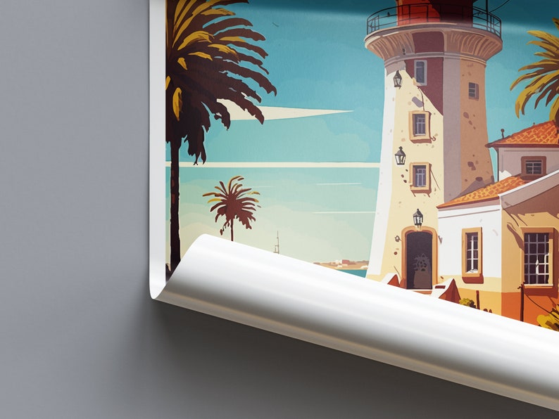 May include: A vintage travel poster featuring a white lighthouse with a red roof and a brown door. Palm trees are in the foreground and the ocean is in the background. The sky is blue with white clouds.