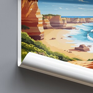 May include: A colorful illustration of a coastal landscape with red cliffs, a sandy beach, and blue ocean waves. The scene is reminiscent of a vintage travel poster.