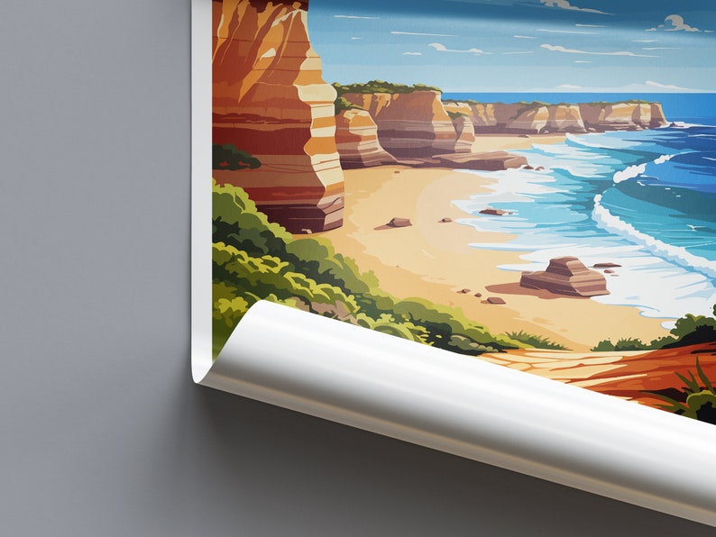 May include: A colorful illustration of a coastal landscape with red cliffs, a sandy beach, and blue ocean waves. The scene is reminiscent of a vintage travel poster.