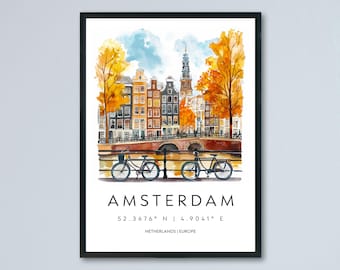 Póster de acuarela de Ámsterdam, arte mural, colgante de pared de Ámsterdam, decoración del hogar, regalo de Ámsterdam, amantes del arte, arte mural de los Países Bajos