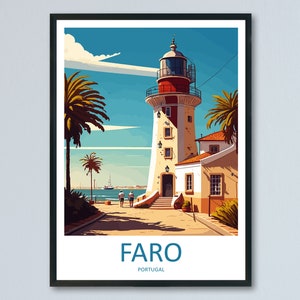 May include: A vintage travel poster featuring a white lighthouse with a red roof and a small building next to it. The lighthouse is located on a waterfront with palm trees and a blue sky with white clouds. The text "FARO PORTUGAL" is at the bottom of the poster.