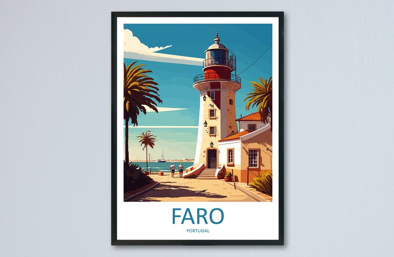 May include: A vintage travel poster featuring a white lighthouse with a red roof and a small building next to it. The lighthouse is located on a waterfront with palm trees and a blue sky with white clouds. The text "FARO PORTUGAL" is at the bottom of the poster.