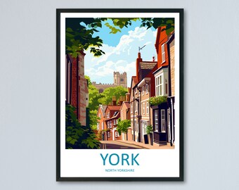 May include: A colorful illustration of a street scene in York, North Yorkshire. The image features a narrow street lined with brick buildings, with a church tower visible in the distance. The street is shaded by trees and the sky is blue with white clouds.