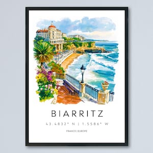 Biarritz Watercolor Poster Biarritz Travel Print France Wall Art Biarritz Decor Surf Coast Scene Ocean View French Beach Landscape Print