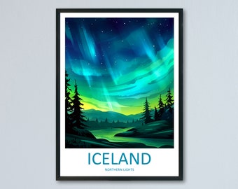 May include: A poster with a dark blue frame featuring a vibrant green and blue aurora borealis over a dark silhouette of a forest and a river. The text "ICELAND" is in a blue font at the bottom of the poster with the text "NORTHERN LIGHTS" in a smaller font below.