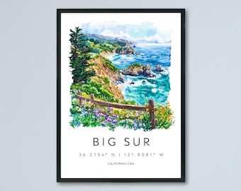 Big Sur Watercolor Poster Big Sur Travel Print California Coast Wall Art Ocean Painting Big Sur Scenic Decor