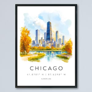 Chicago Watercolor Poster Chicago Illinois Travel Print Wall Art Chicago Home Decor Chicago Gift Art Lovers Skyline City