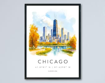Chicago Watercolor Poster Chicago Illinois Travel Print Wall Art Chicago Home Decor Chicago Gift Art Lovers Skyline City