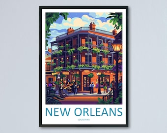 May include: A colorful illustration of a building in New Orleans, Louisiana. The building has a balcony with green plants and a street scene with people walking and musicians playing.