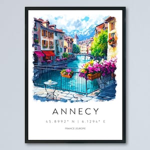 Annecy Watercolor Poster Annecy Travel Print France Wall Art Annecy Decor Lake Scene French Alps View Canal City Landscape Print