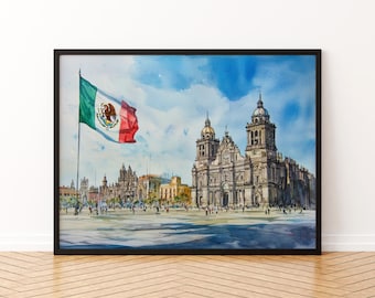 Mexico City Watercolor Poster Mexico City Travel Print Skyline Painting Architecture Wall Art Latin America Souvenir