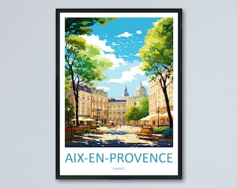 May include: A colourful illustration of a city square in Aix-en-Provence, France. The square is lined with buildings and trees, and there are people walking around. The text "Aix-en-Provence" and "France" is at the bottom of the image.