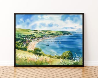 Swanage England Watercolor Poster Swanage Travel Print Dorset Coast Painting Seaside Town Wall Art UK Souvenir