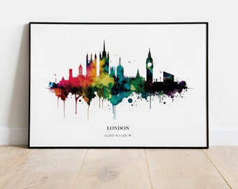 Akwarela Londynu Skyline Print London Cityscape London Home Décor Art Print UK Wall Art England Souvenir Wall Hanging Akwarela Skyline