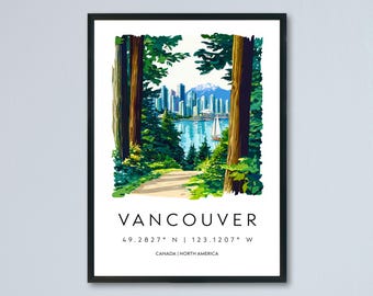 May include: Framed art print showing a watercolour painting of Vancouver, Canada. The artwork depicts a path leading to a cityscape with a mountain backdrop, framed by trees. The city name and coordinates are printed below.