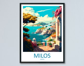 May include: A colorful illustration of a Greek island town with white buildings, a blue sea, and a green hillside. The text "MILOS GREECE" is at the bottom of the image.
