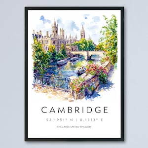 Cambridge Watercolor Poster Cambridge Travel Print Cambridge Wall Art Cambridge Painting UK University Town Decor