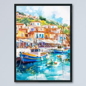 Samos Watercolor Poster Greece Travel Print Wall Art Home Decor Gift Greek Isle Souvenir Beach Vineyard Mountain View Wall Decor Hanging
