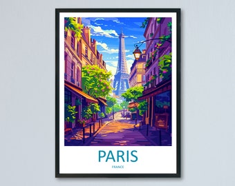May include: A colorful illustration of a street in Paris, France, with the Eiffel Tower in the background. The street is lined with buildings and trees, and there are people walking on the sidewalk. The text "PARIS" and "FRANCE" is at the bottom of the image.