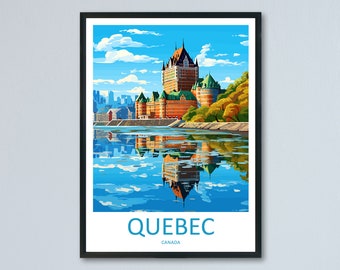 Puede incluir: Una ilustración colorida del Château Frontenac en la ciudad de Quebec, Canadá. El castillo se refleja en el agua debajo. El texto "QUEBEC" y "CANADA" está impreso debajo de la imagen.
