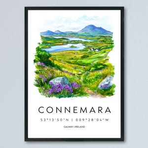 Plakat akwarelowy Connemara Wydruk podróżny Connemara Sztuka ścienna Connemara Irlandia Malarstwo krajobrazowe Dekoracja pamiątkowa Connemara