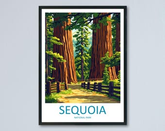 Plakat podróżniczy do Parku Narodowego Sekwoi, Kalifornia, sztuka ścienna, wydruk z lasu sekwoi, widok na góry, ilustracja, prezent z sekwoi, pamiątka, scena