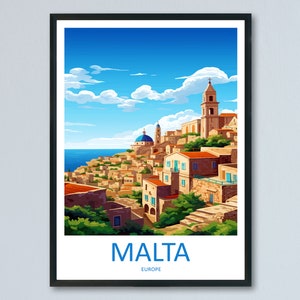 Puede incluir: Una ilustraci&oacute;n colorida de un paisaje urbano en Malta, Europa. La imagen presenta una colecci&oacute;n de edificios con techos de terracota, una iglesia con c&uacute;pula azul y un alto campanario. El cielo es azul con nubes blancas, y el mar es visible en el fondo.